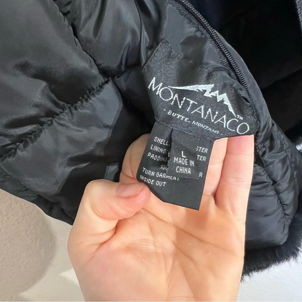 New Montanaco reversible velvet burnout faux fur trim puffer vest black Sz Large - Picture 11 of 11